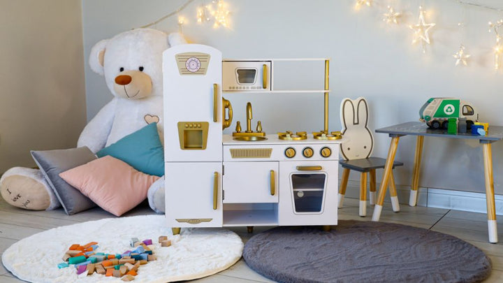 Ecotoys® Drvena kuhinja za djecu - Bijelo Zlatna