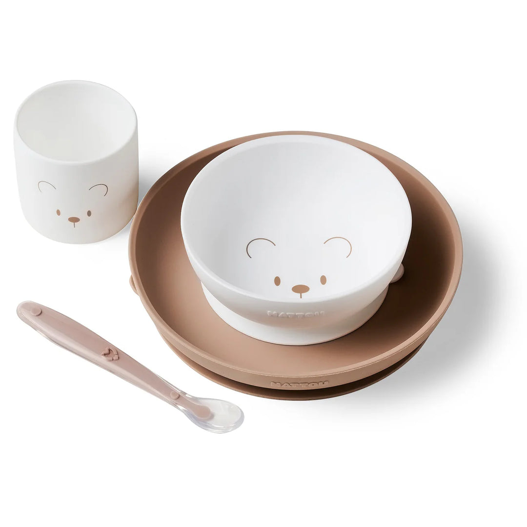 Dječji set posuđa od silikona 4 dijela - white & beige bear