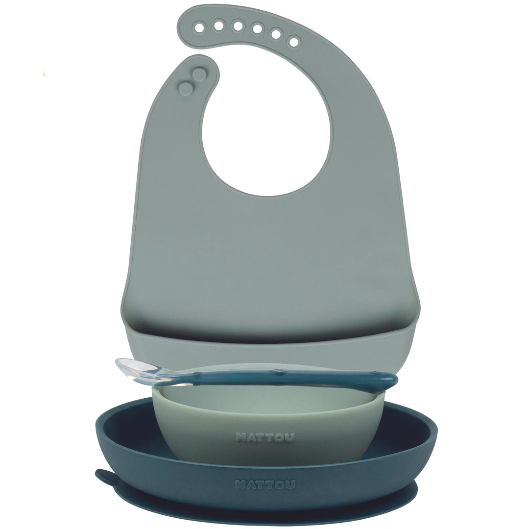 Dječji set posuđa od silikona s podbradnikom - green