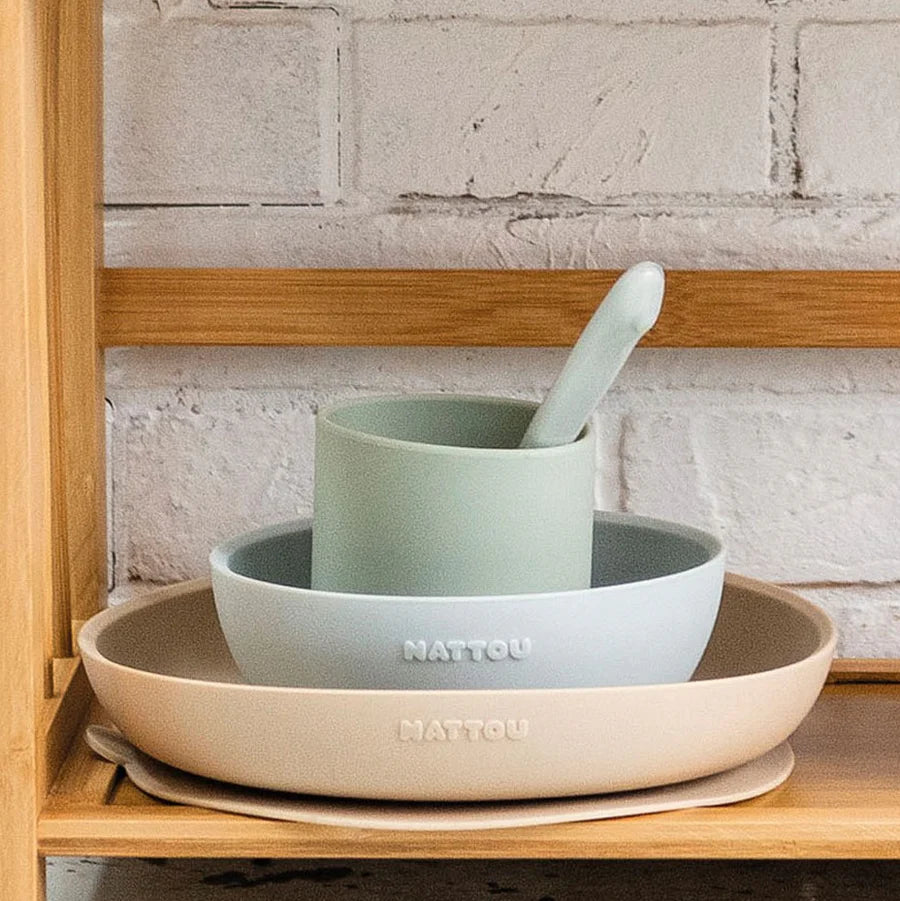 Dječji set posuđa od silikona 4 dijela - sand & green